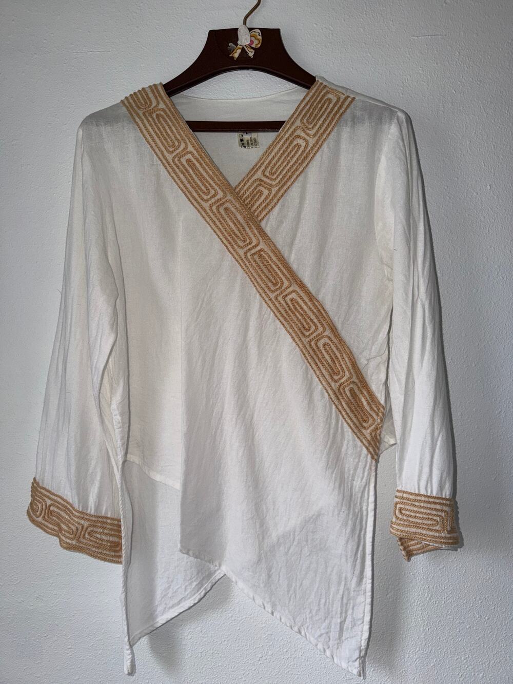 Men’s White Gold Wrap Style V-Neck Tunic 100% Cotton Size Large